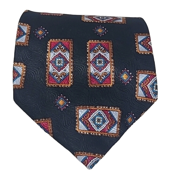 Oscar de la Renta | Black and Red Vintage Silk Rectangle Patterned Tie - Picture 1 of 10